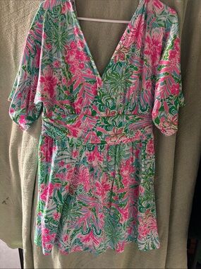 Lilly Pulitzer Green & Pink Floral V-Neck Women’s Parigi Romper
